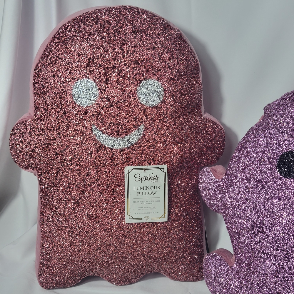 2 Sparkles Friendly Ghost Shaped Pink Rhinestone Pillow Set Halloween - Picture 3 of 15